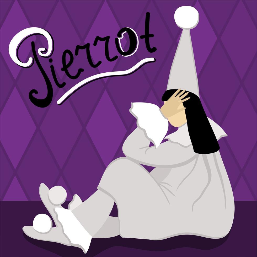 Pierrot sitting on the floor and crying. Purple background. vector