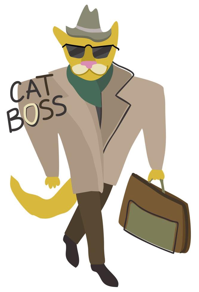 Yellow cat in a suit with briefcase. Lettering Cat Boss. vector