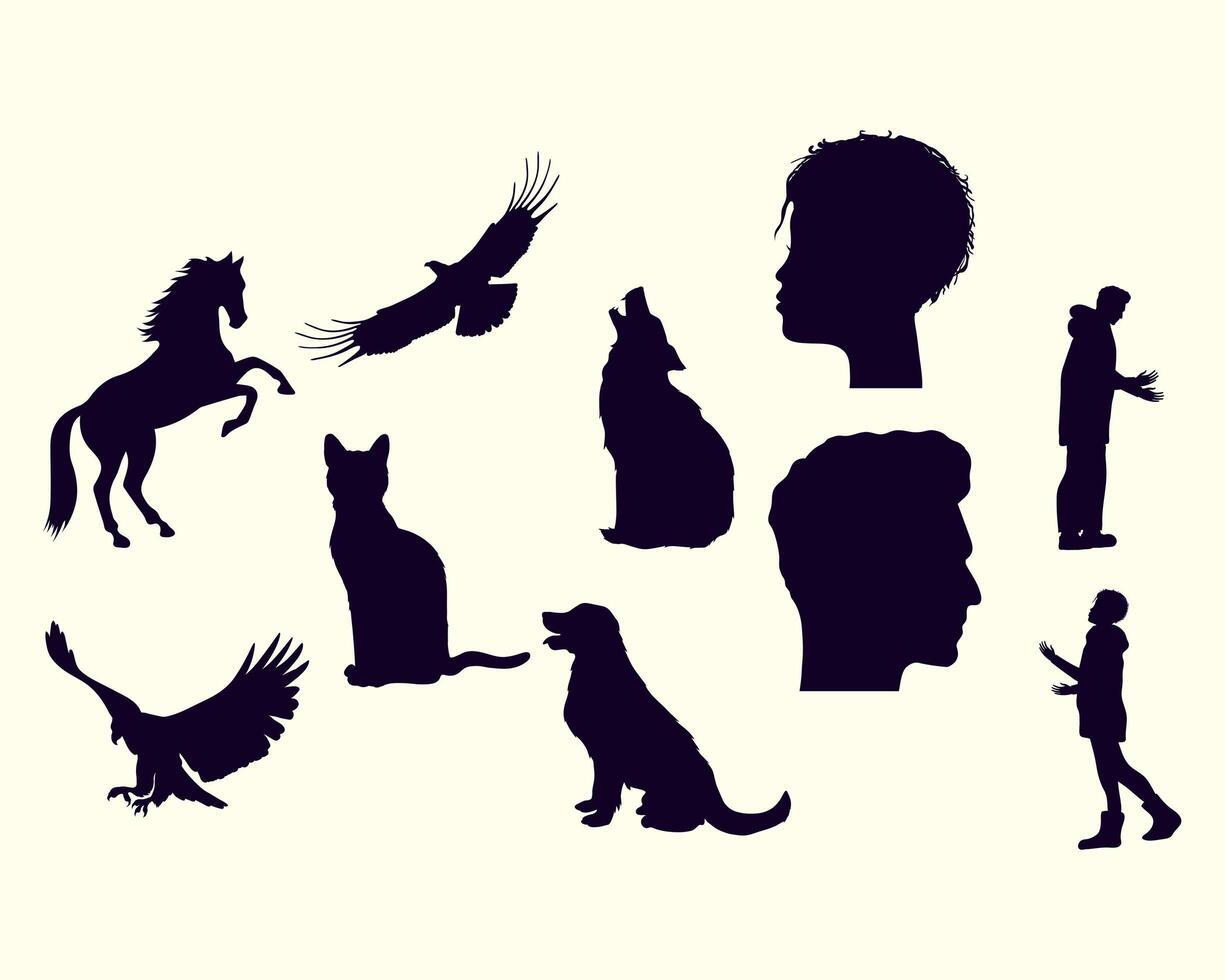 ten wild animals silhouettes vector