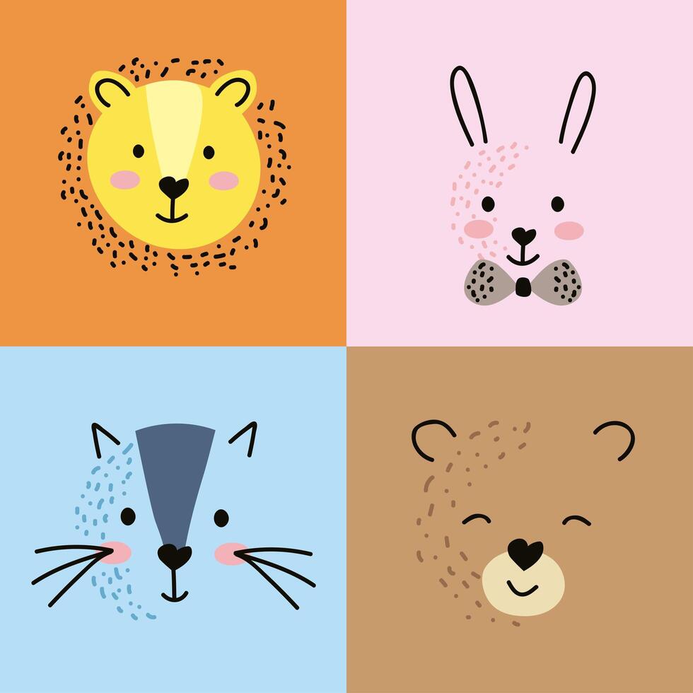 cuatro lindas cabezas de animales vector