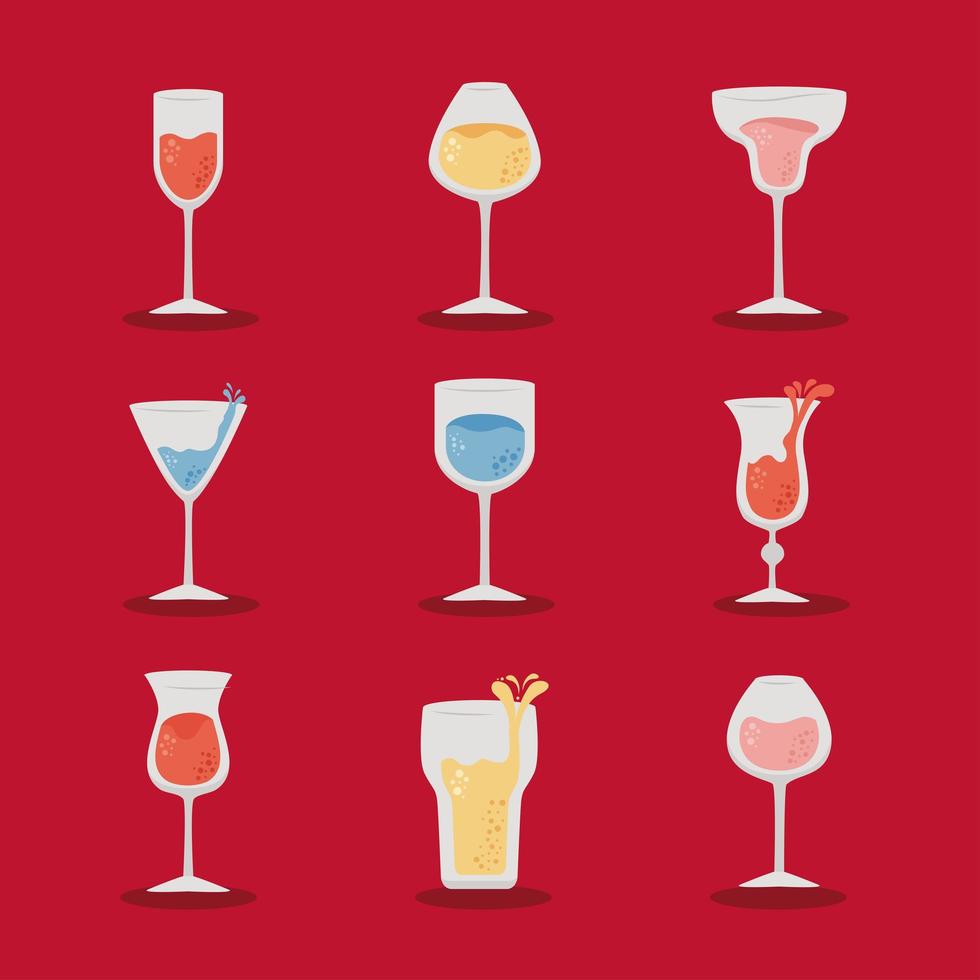 Iconos de bebidas de nueve vasos vector
