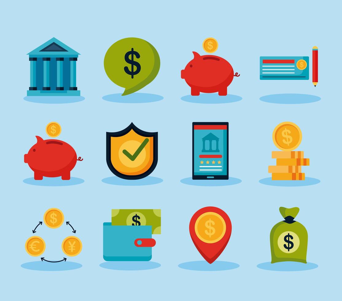 twelve banking money icons vector