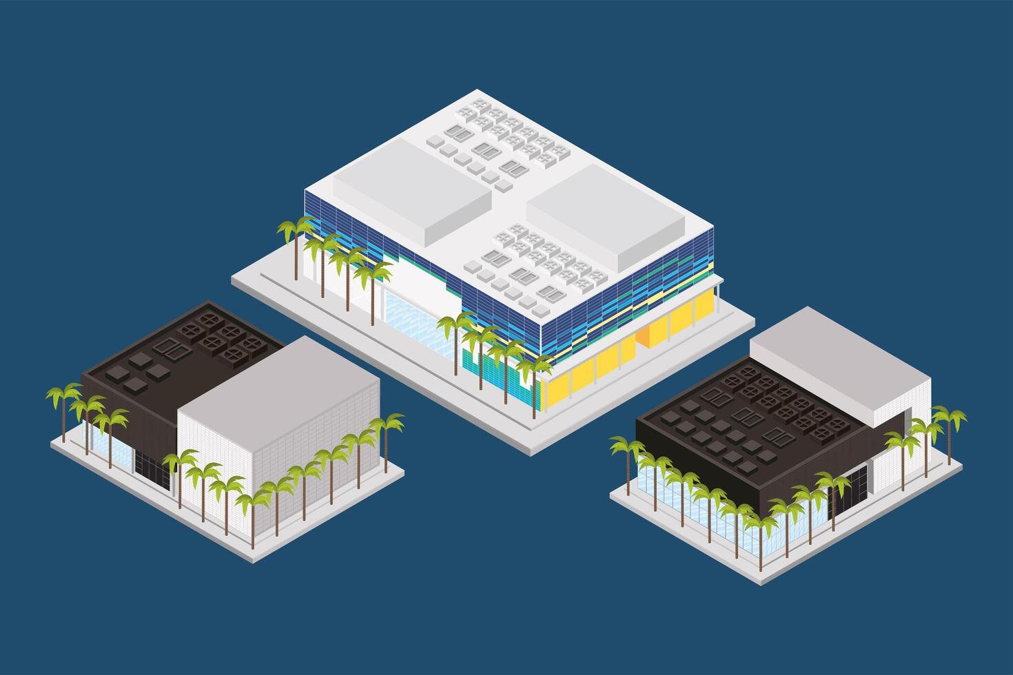 edificios isométricos tres iconos vector