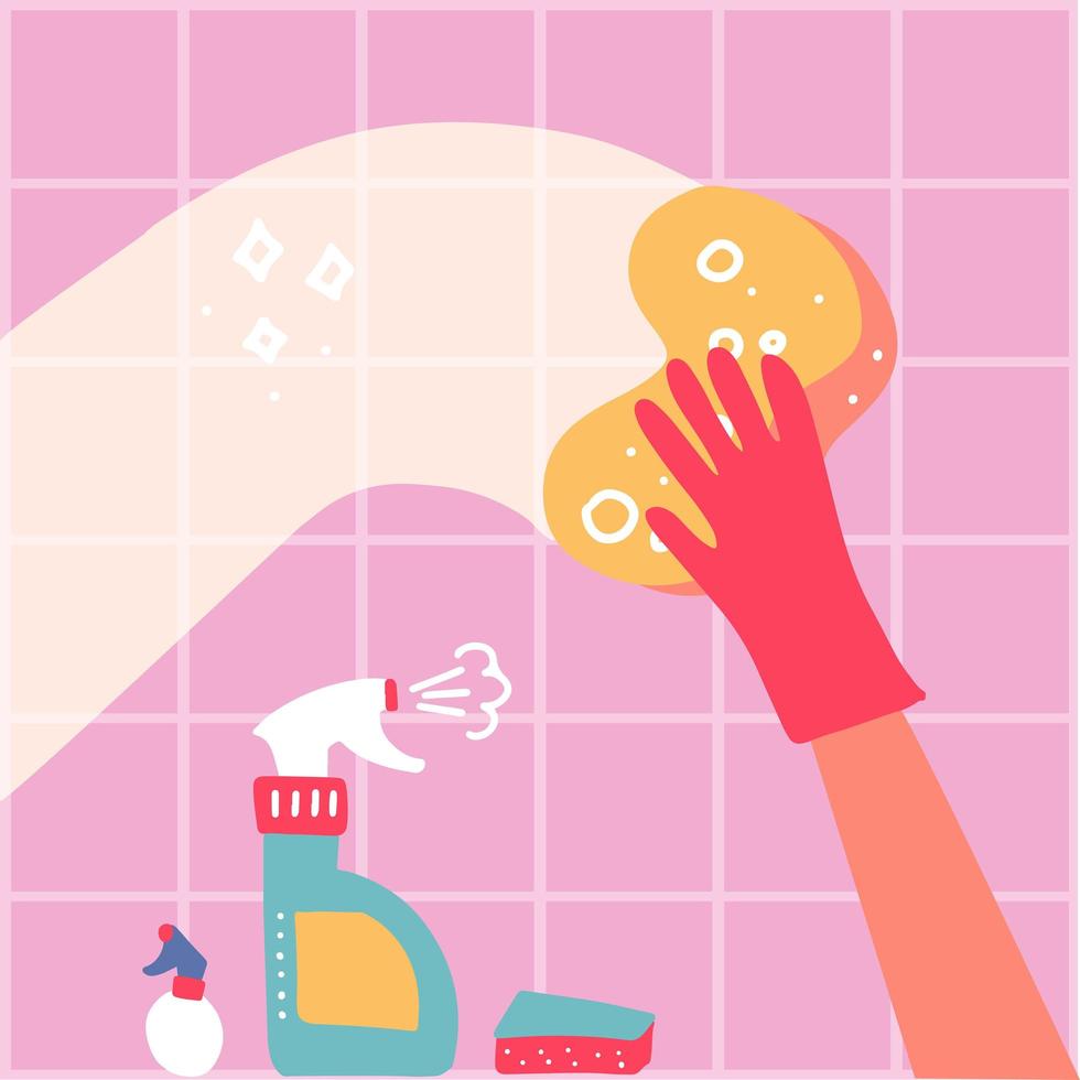 Cleaning service conpept. One Hand in red rubber glove with spray and sponge wash pink wall tiles. Vector flat hand drawn illustration.