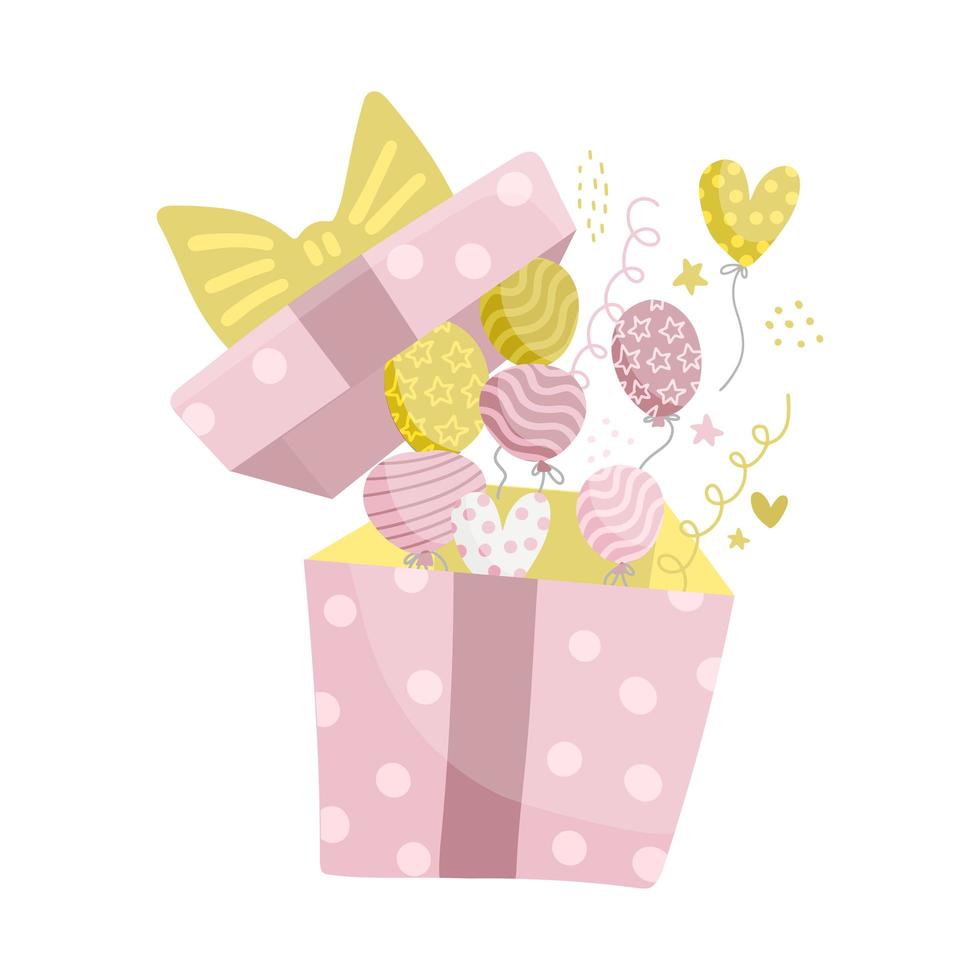 Pink and yellow helium balloons fly out from the box on a white background. Vector flat isolated Illustration for birthday cards and banners.