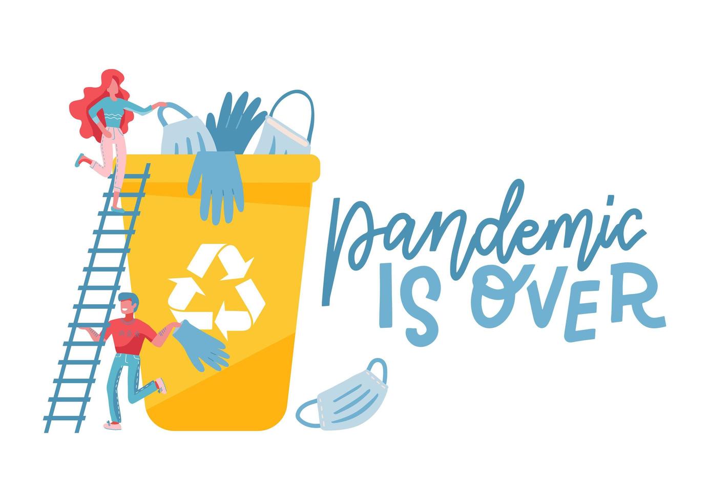 End of quarantine concept. Medical masks and gloves in a trash bin. Little characters throw unnecessary defenses. Vector flat illustration with hand drawn lettering