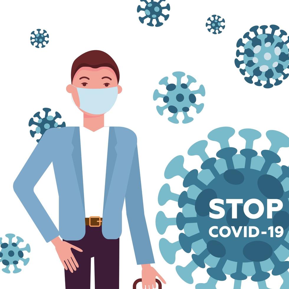 MERS-Cov, COVID-19, Novel coronavirus, 2019-nCoV, handsome man in suit with blue medical face mask with virus abstract model around him. Stop Covid-19 text concept. Flat vector illustration.