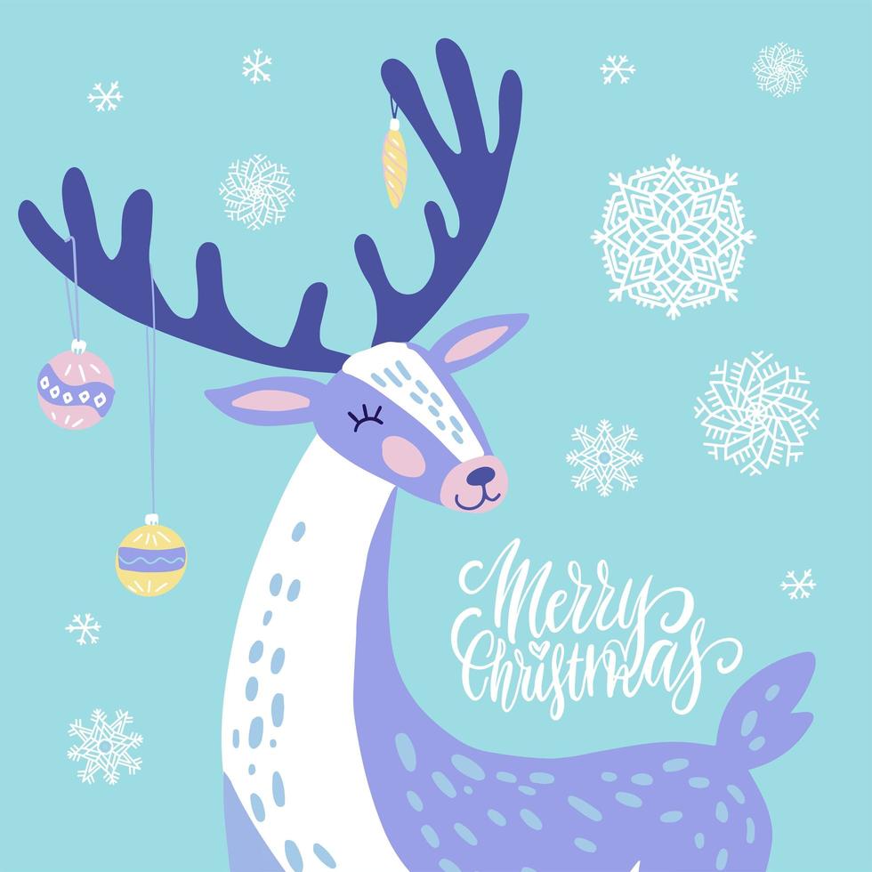 Cute Christmas greeting card, invitation with reindeer with Christmas toys on the horns. Hand drawn deer with snowflakes design. Flat Vector illustration background.