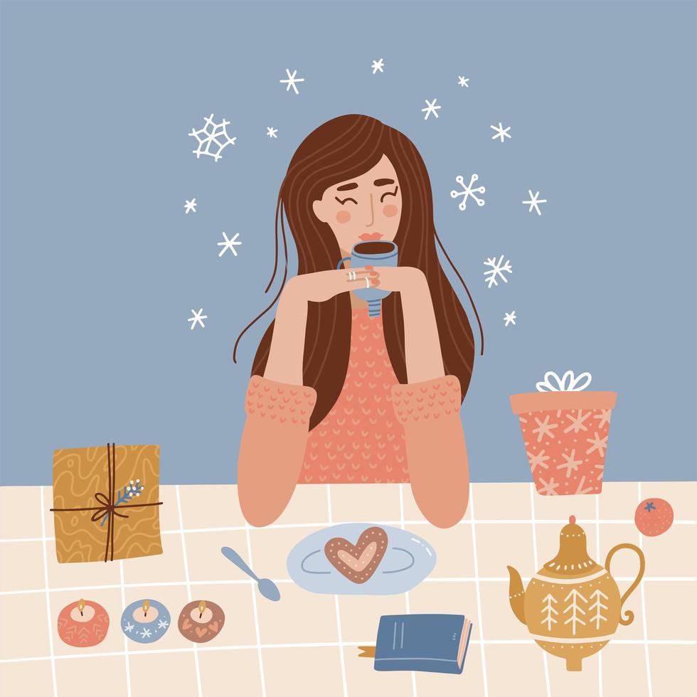 A young woman with a cup in her hands, drinking coffee while sitting at the table at cozy home. Cute girl warms up after a walk. Vector flat illustration