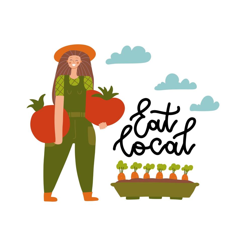 ilustración vectorial de dibujos animados de producción orgánica local. comer local - impresión de letras. mujer agricultora de estilo moderno y plano con enormes verduras. jardinero femenino sosteniendo tomates grandes. vector