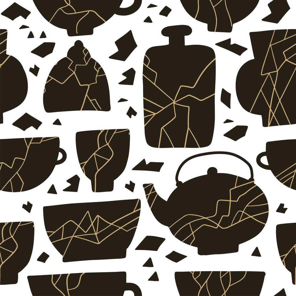 Seamless pattern with Antique Kintsugi restoration technique. Gold crack on black dishes and cups. Simple vector illustration.