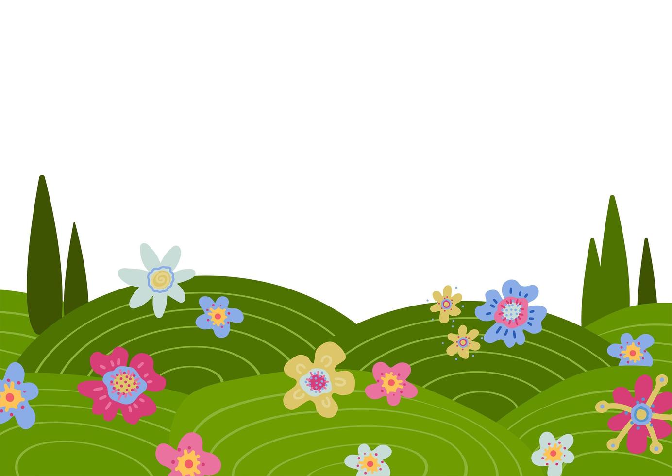Doodle background with hand drawn green hills and flowers. Creative nature hand drawn illustration of beautiful summer or spring landscape. Flat vector illustration with white space for text.