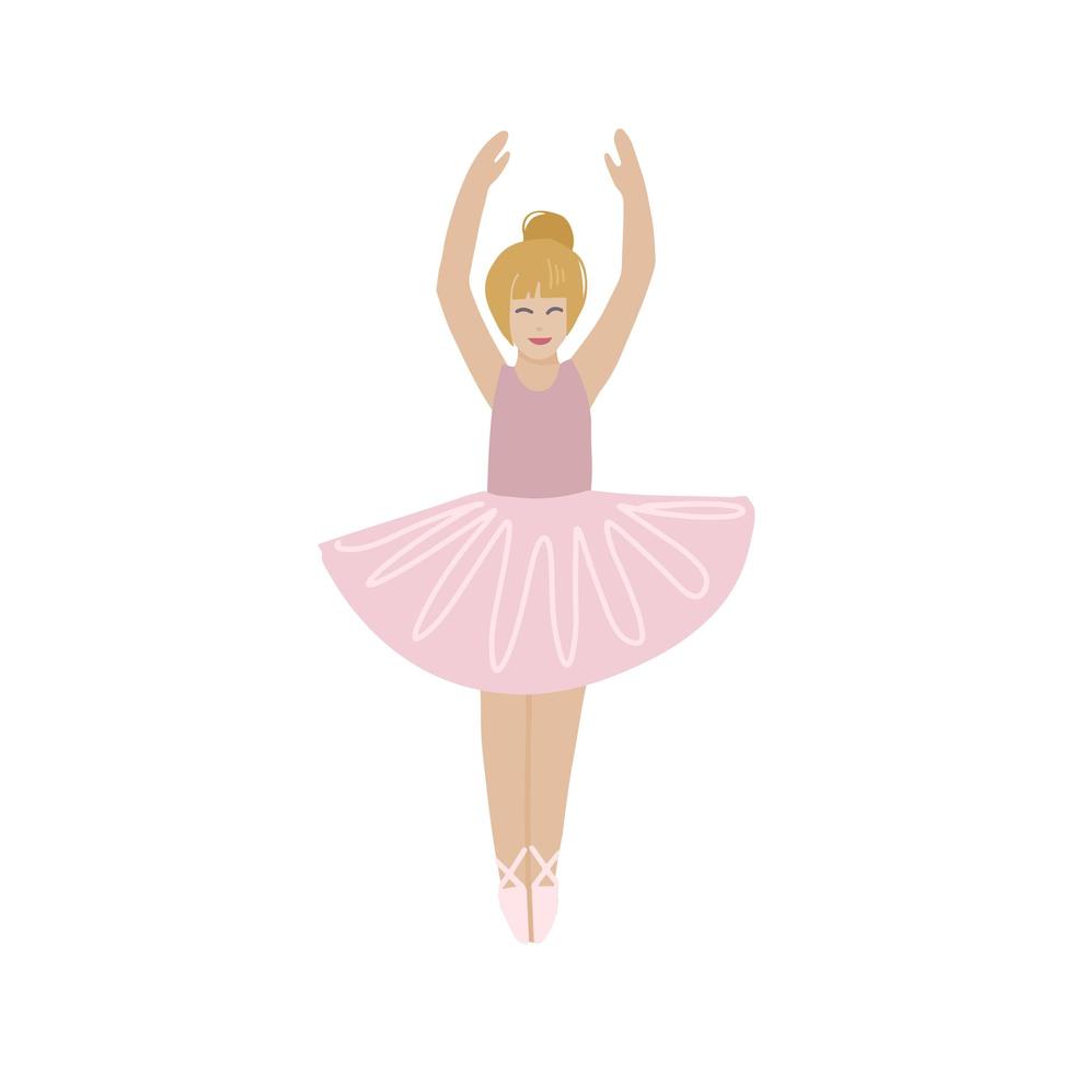 Cute small ballerina dancing. Blond Ballerina girl in pink tutu dress. Beautiful kid flat cartoon vector illustration isolated on white background.