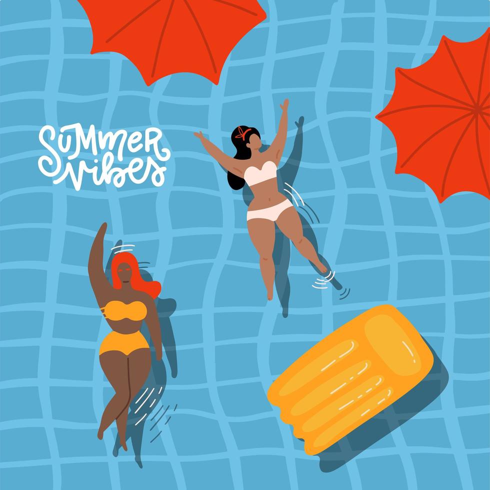 Cute decorative summer vibes banner with swimming women and girl in the pool. Hand drawn Vector illustration. Top view water surface with female body positive characters and umbrellas.