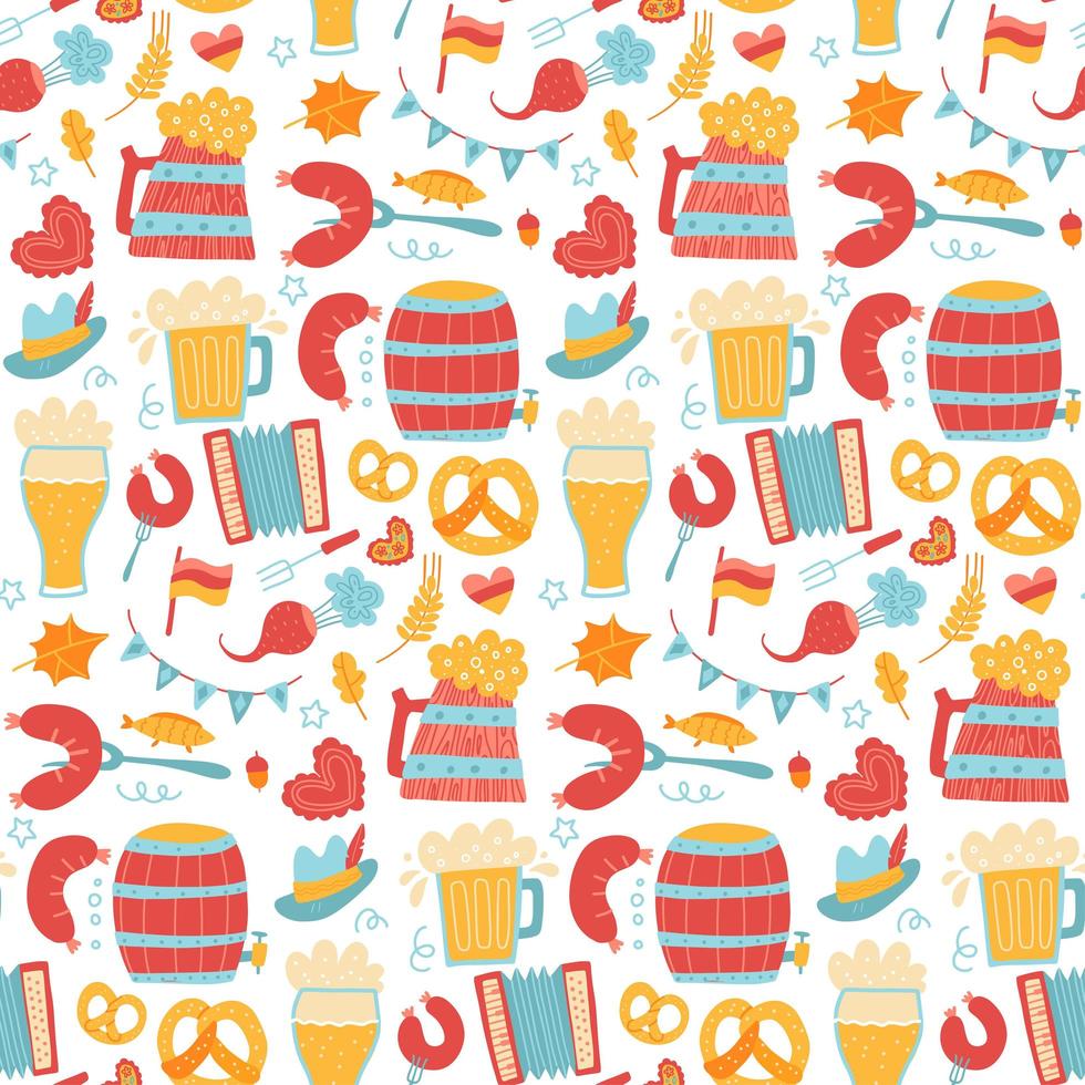 Cartoon colorful hand drawn Oktoberfest seamless pattern. Detailed backdrop with grilled sausage, hop, wooden beer mug, pretzel. Beer festival flyer, bar menu background. Flat vector illustration.