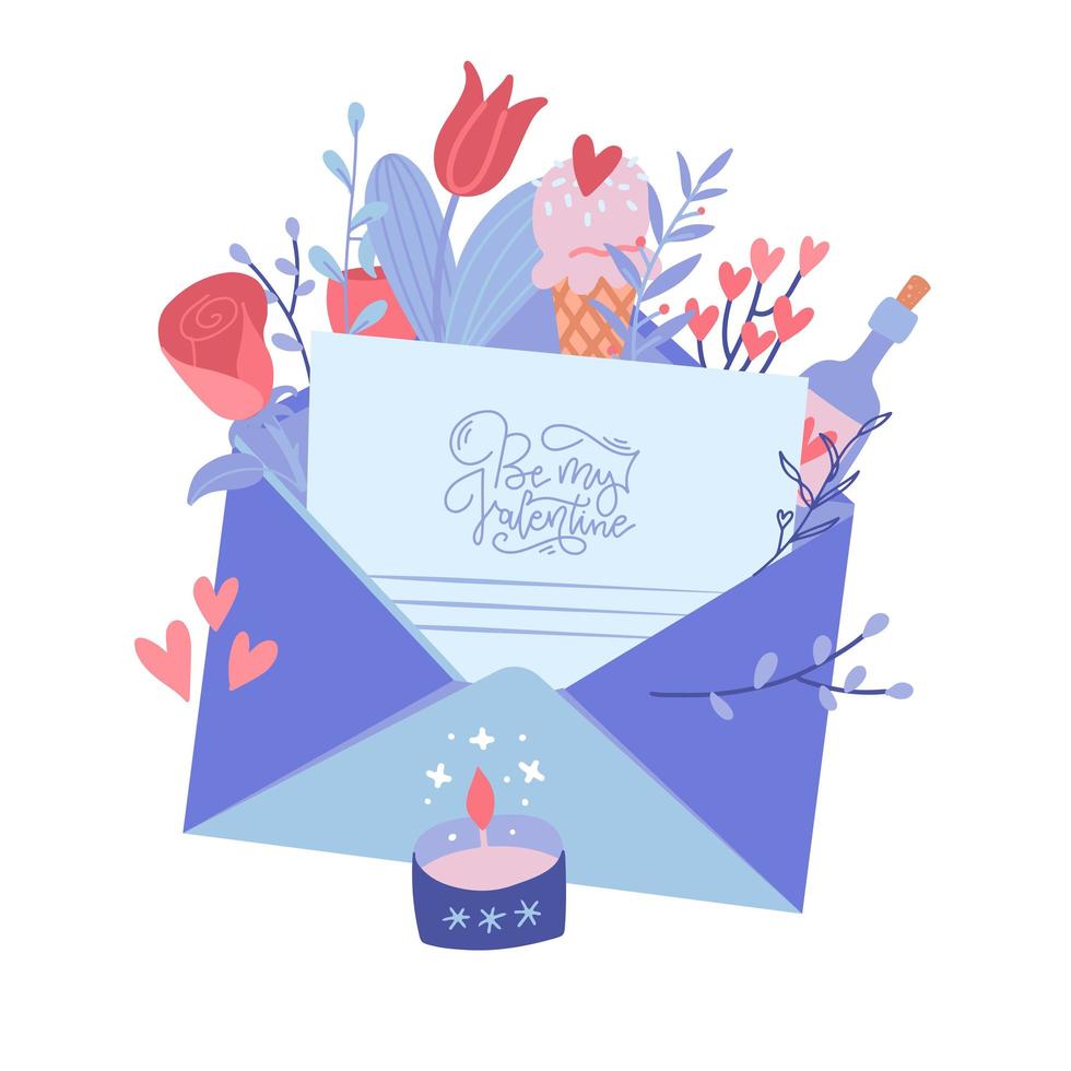 Happy Valentines day, love letter concept. Big envelope with paper sheet, romantic elenets and flower decor. Flat vector illustration