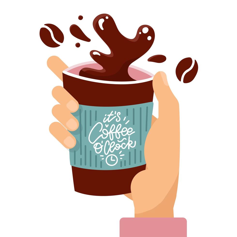 mano del cliente sosteniendo una taza de café de papel salpicado con cita de letras es café en punto. ilustración de dibujos animados planos vectoriales. vector