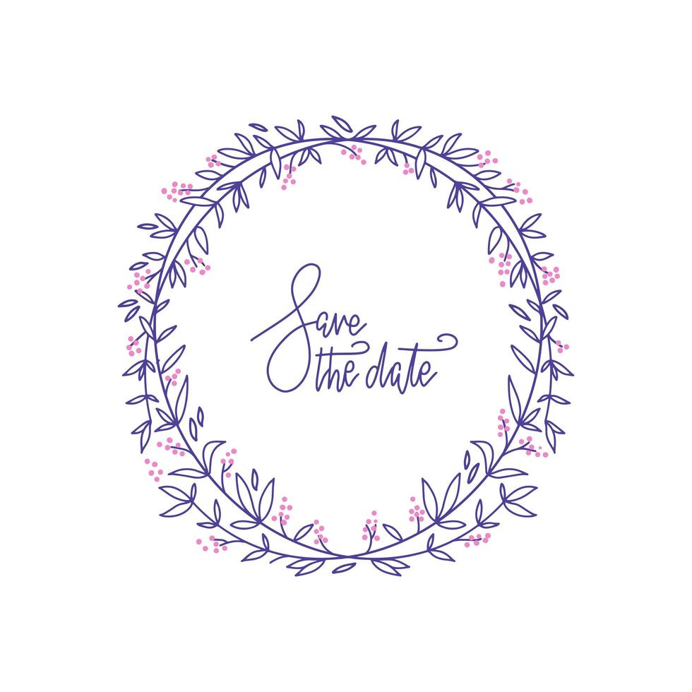 Lavender color flowers decorative wreath with hand lettering text Save the date. Round frame hand drawn doodle vector sketch herbal line art graphic design for greeting card, invitation, wedding