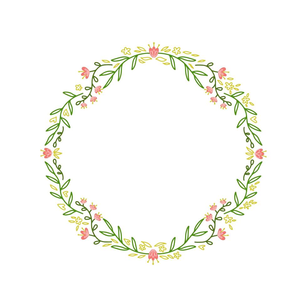 Frame of wreath with leaves and branches. Decor design with space fot text. Sketched green floral and herbs garland. Handdrawn vector style, outline nature illustration