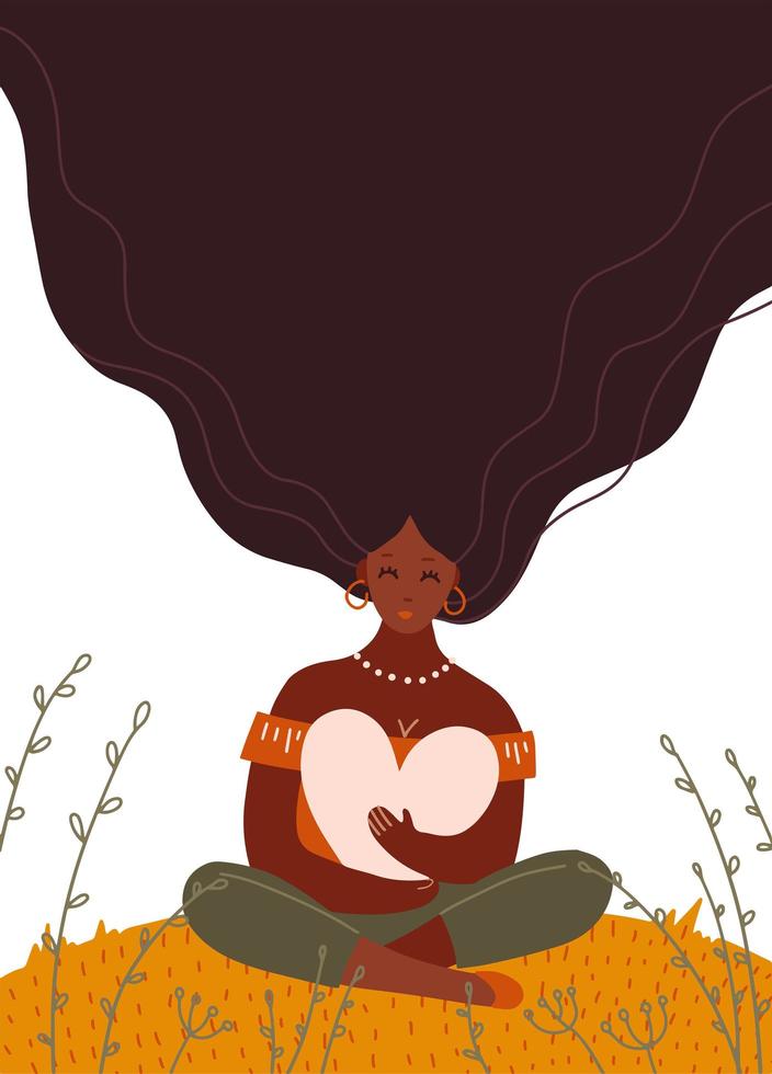 Beautiful black woman holding a big heart. Love, self care, support, feminism concept. Isolated abstract flat vector illustration for modern poster, print design. Female character with long hair.