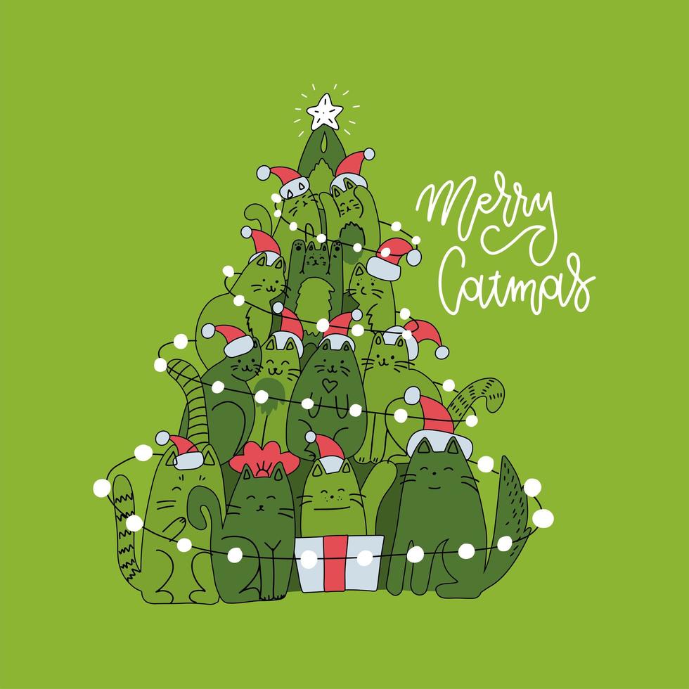 Cute christmas card with christmas tree made of cats. Green square greeting card with lettering linear greeting text Merry Christmas. vector