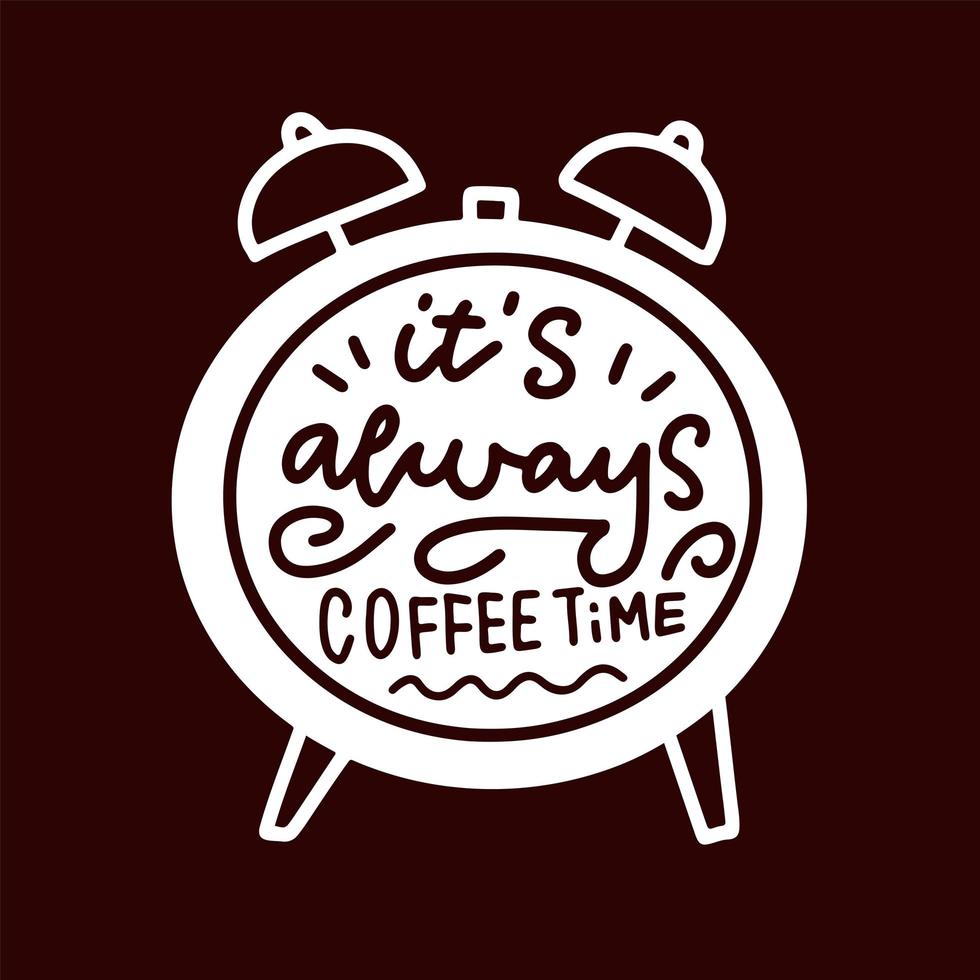 It s always coffee time linear calligraphy quote in alarm clock shape vector illustration.