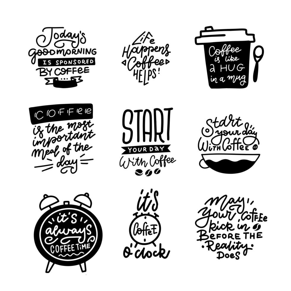 Coffee themed hand drawn calligraphy quotes and shapes vector illustrations set.
