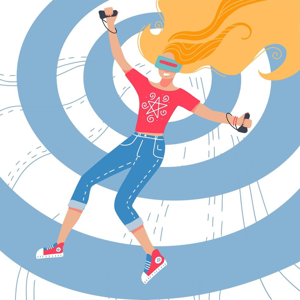 Girl wearing virtual reality headsets, cartoon hand drawn vector illustration. Young woman playing with virtual reality simulator against the background of concentric circles