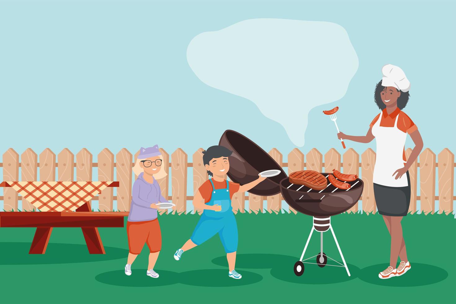 woman and kids bbq party vector