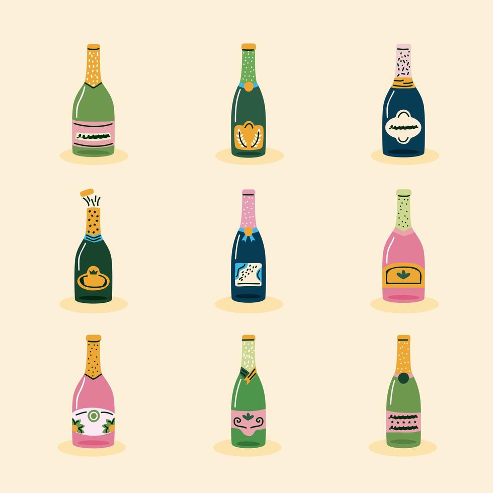 nueve botellas de bebidas de champán vector