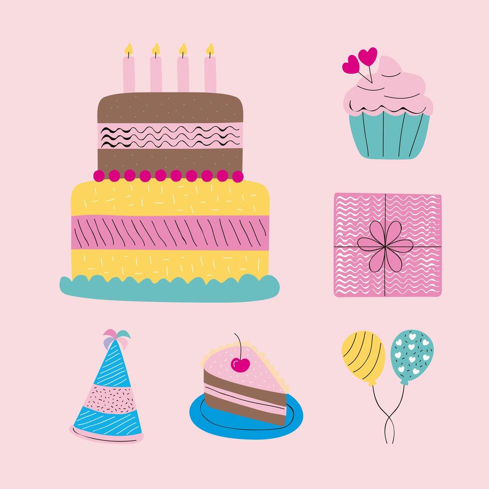 six happy birthday icons vector