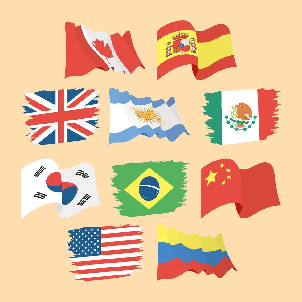 diez iconos de banderas internacionales vector