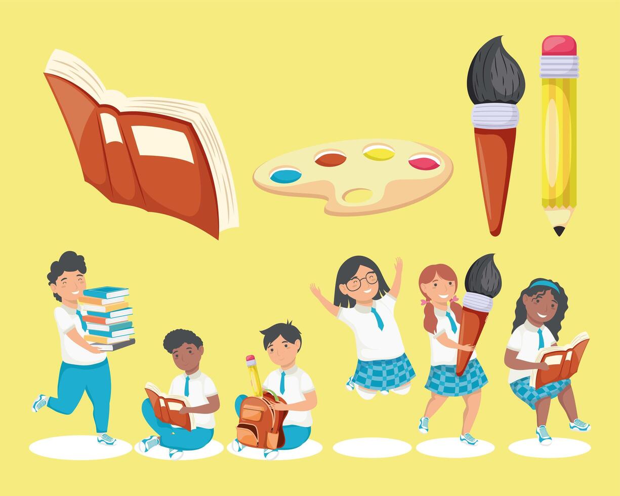 school kids and supplies vector