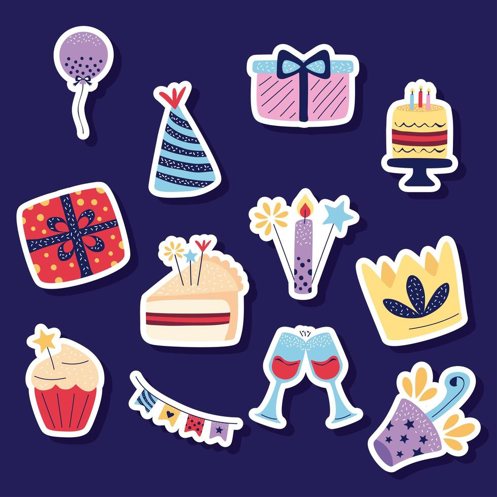 doce iconos de feliz cumpleaños vector