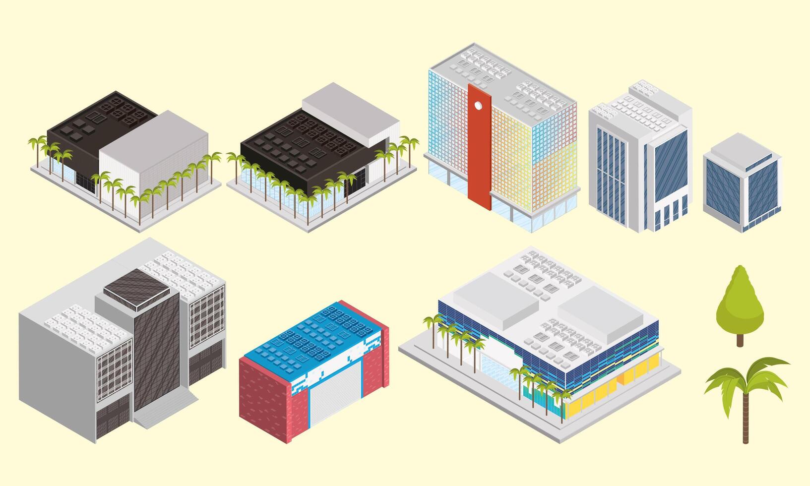 diez iconos de edificios isométricos vector