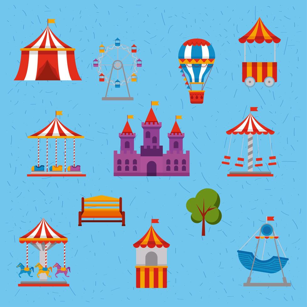 twelve amusement park icons vector