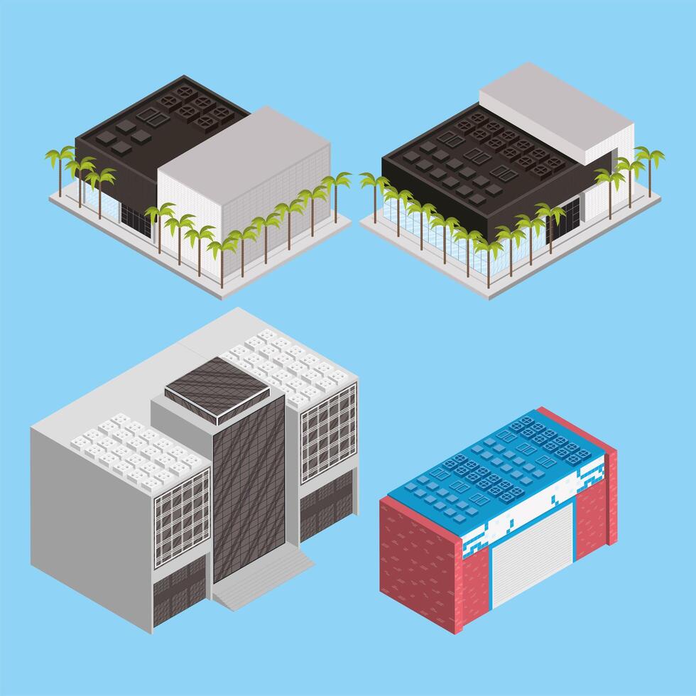 cuatro iconos de edificios isométricos vector