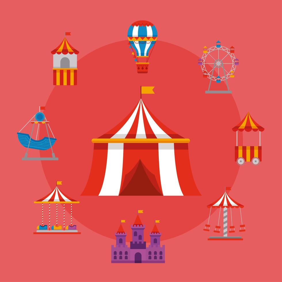 parque de atracciones nueve iconos vector