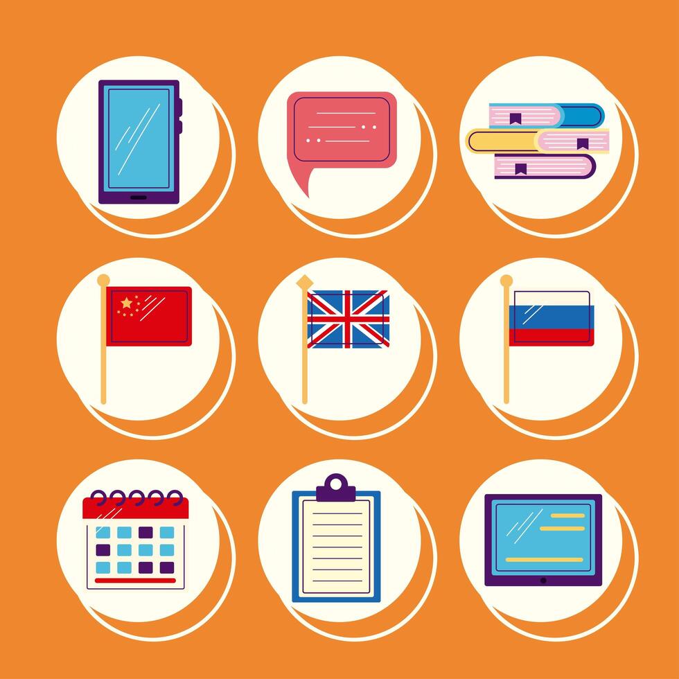 nine online lenguage learning icons vector