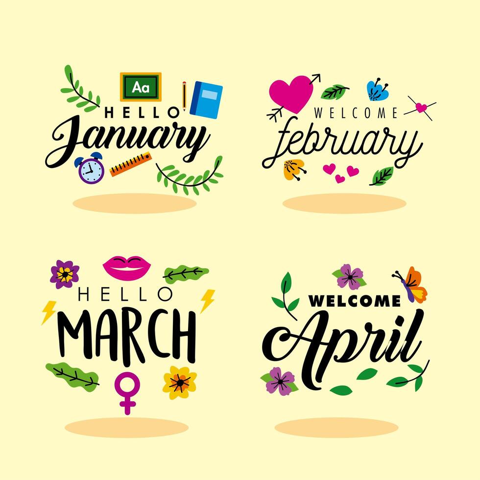 four hello month letterings vector