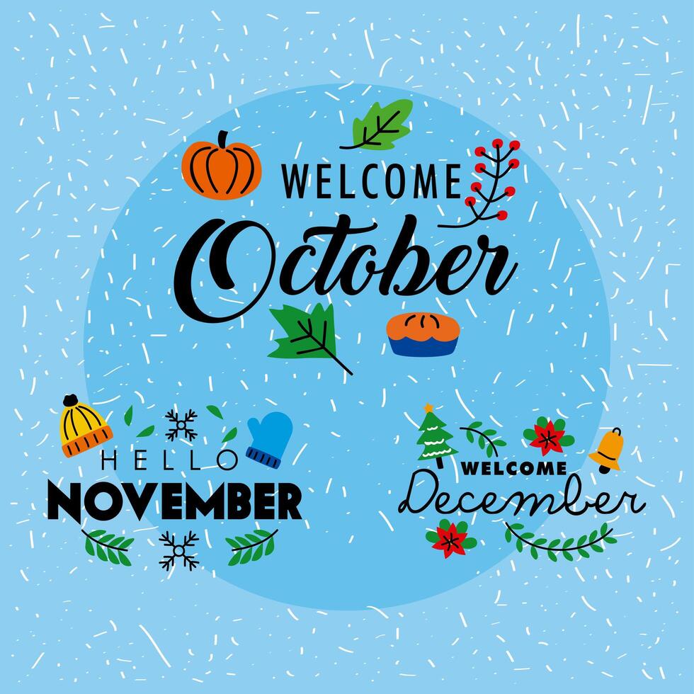 three hello month letterings vector