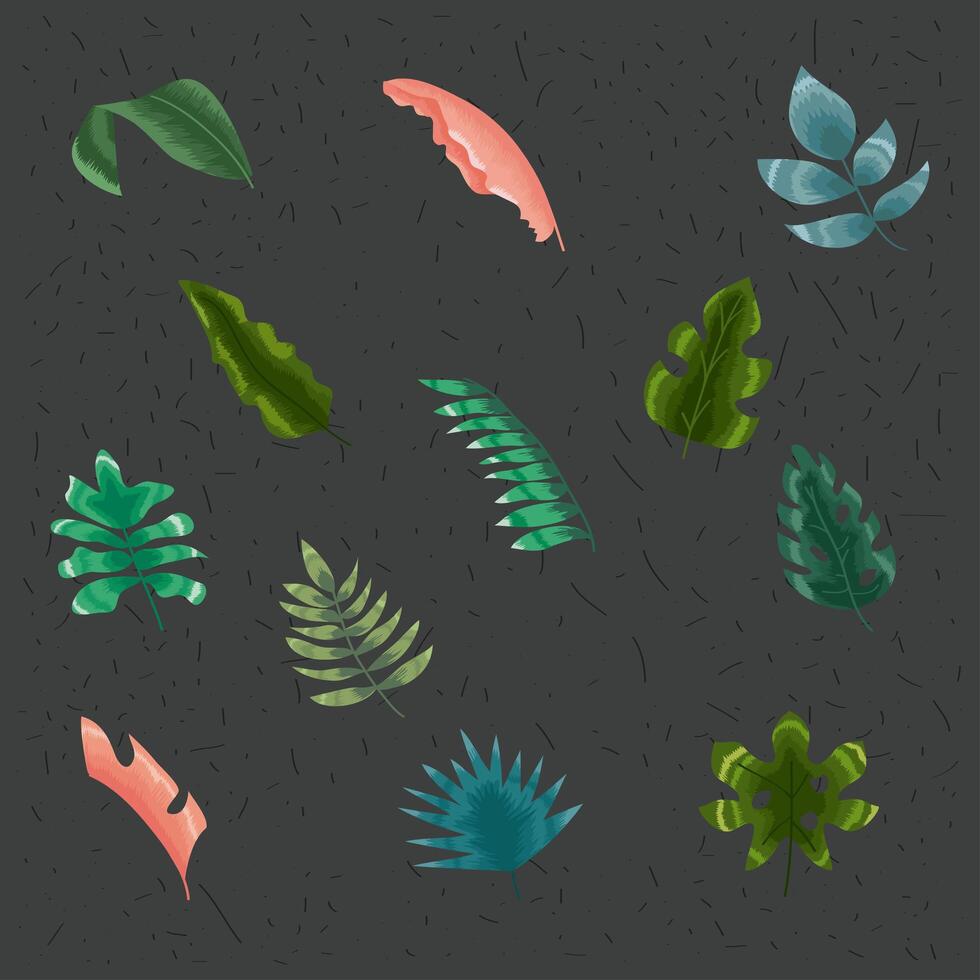 twelve tropical leafs icons vector