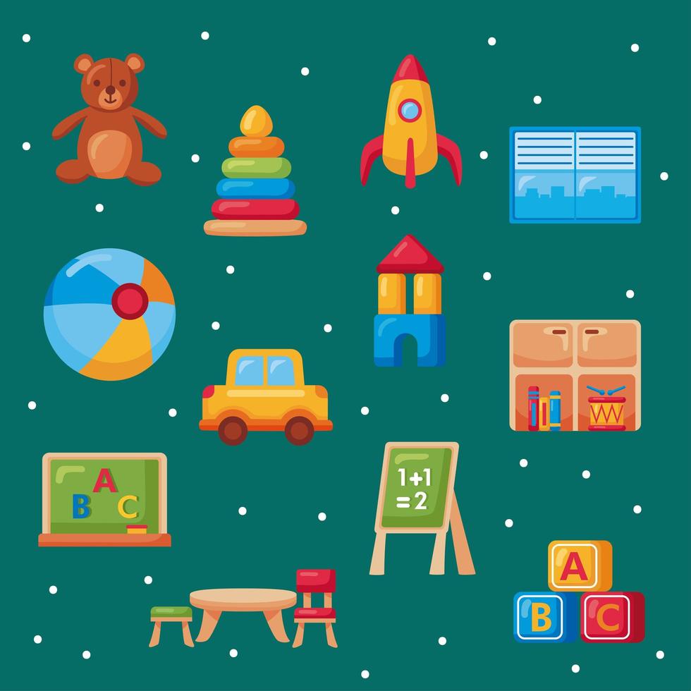 twelve kindergarten school icons vector