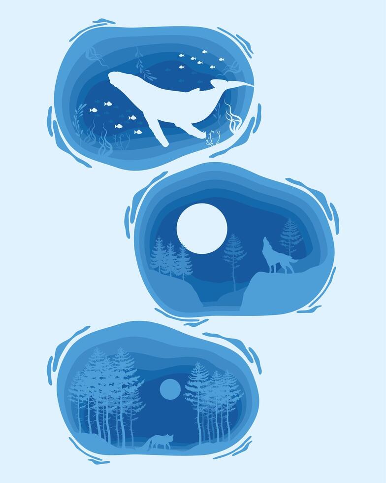 three blue paper cut icons vector