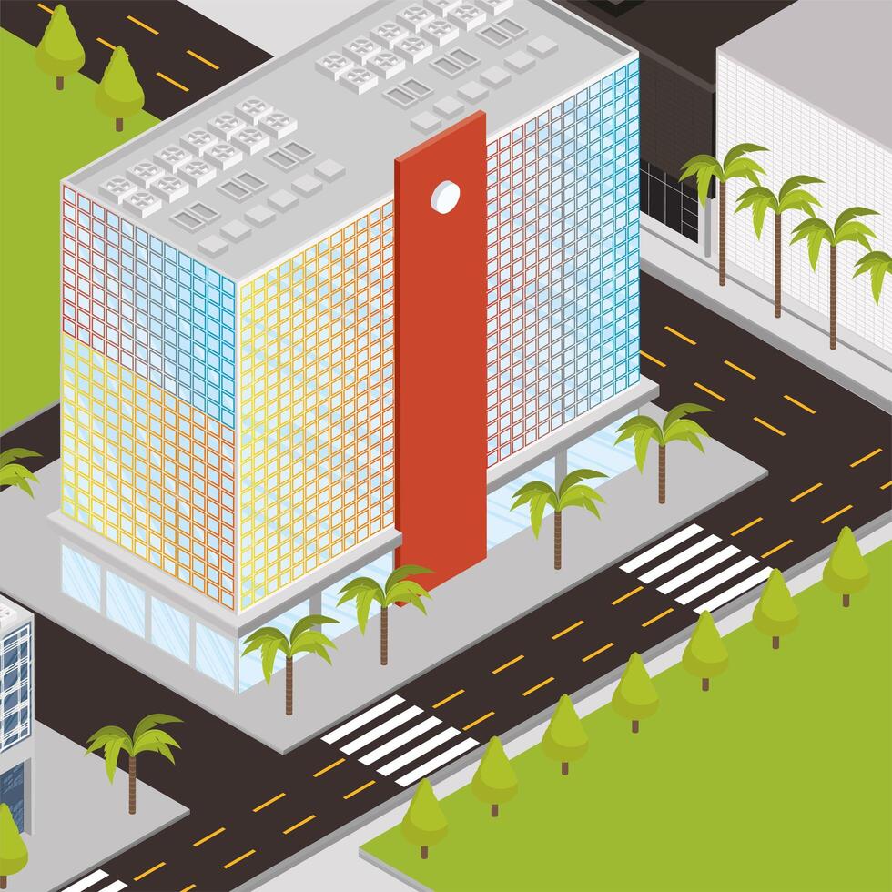 isometric buildings and palms vector