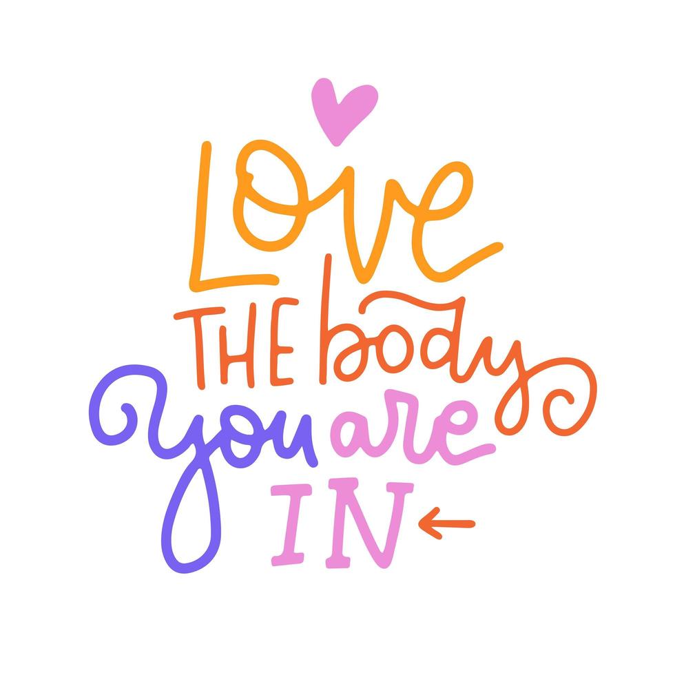 Love the body you are in - Motivation lettreing Quote. Modern calligraphy text about love yourself. Design print for t-shirt, badges, sticker, greeting card, banner. Vector hand written illustration