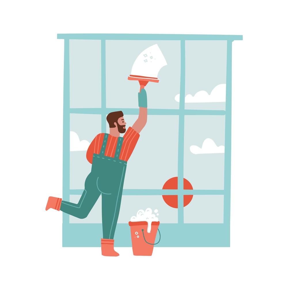 A man cleaning the window with a windscreen wiper and a bucket. Male cleaner in uniform washing glass. Isolated hand drawn vector illustration.