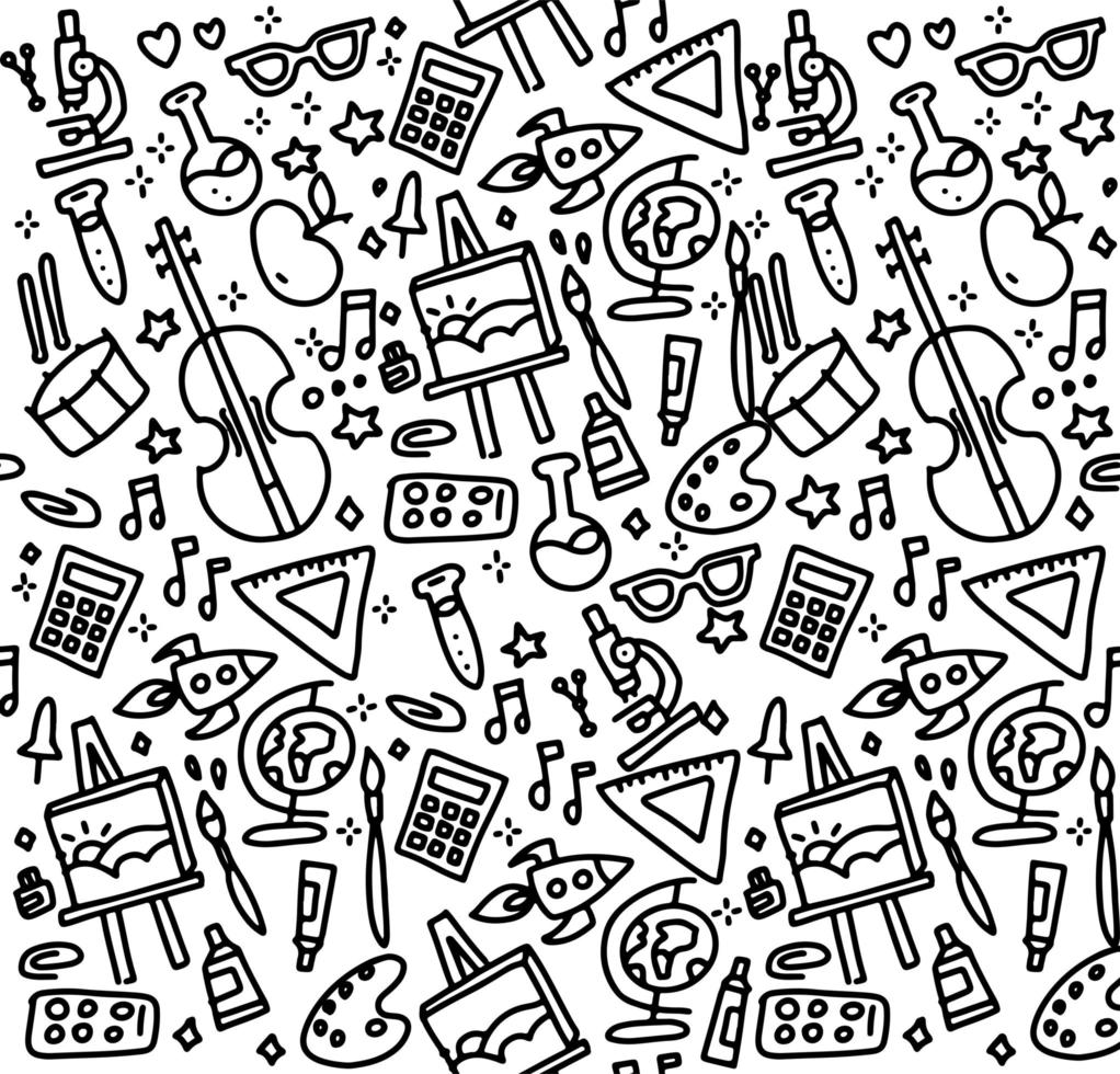 Back to school seamless vector pattern. Good for textile fabric design, wrapping paper and website wallpapers. Vector illustration. Background for education, science objects and office supplies.