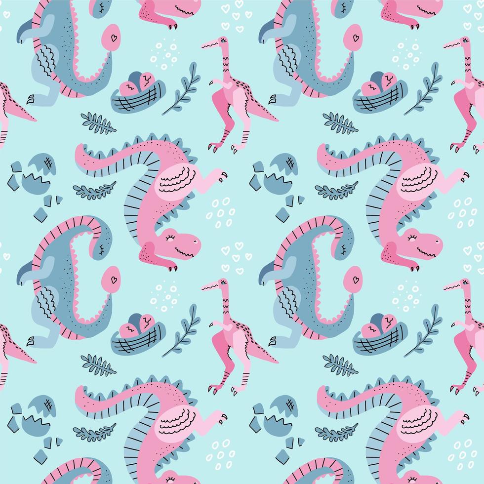 Hand drawn seamless vector pattern with cute dinosaurs, eggs in nest linear decor. Repetitive wallpaper on blue background. Perfect for fabric,wrapping paper or nursery decor. Cute dino pink design.