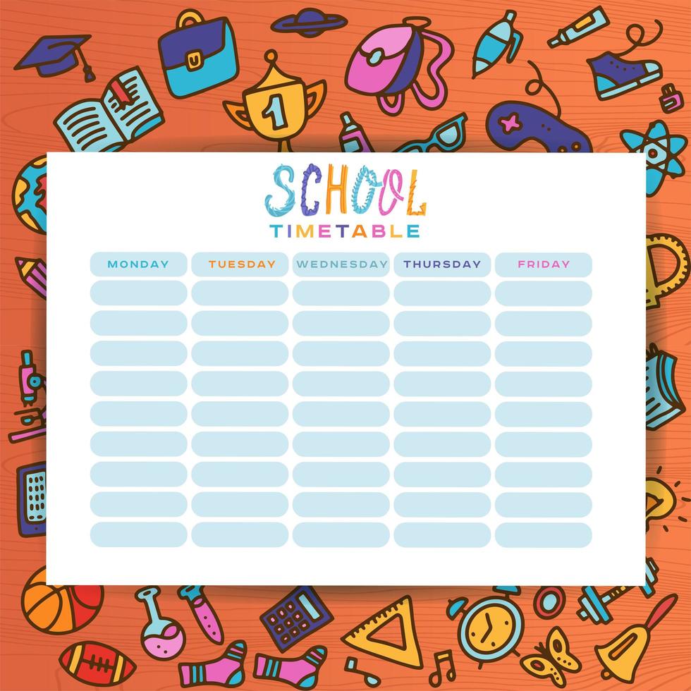 Planner template with hand-drawn school supplies. Form, organizer, to-do list. Doole flat hand drawn style for print. vector